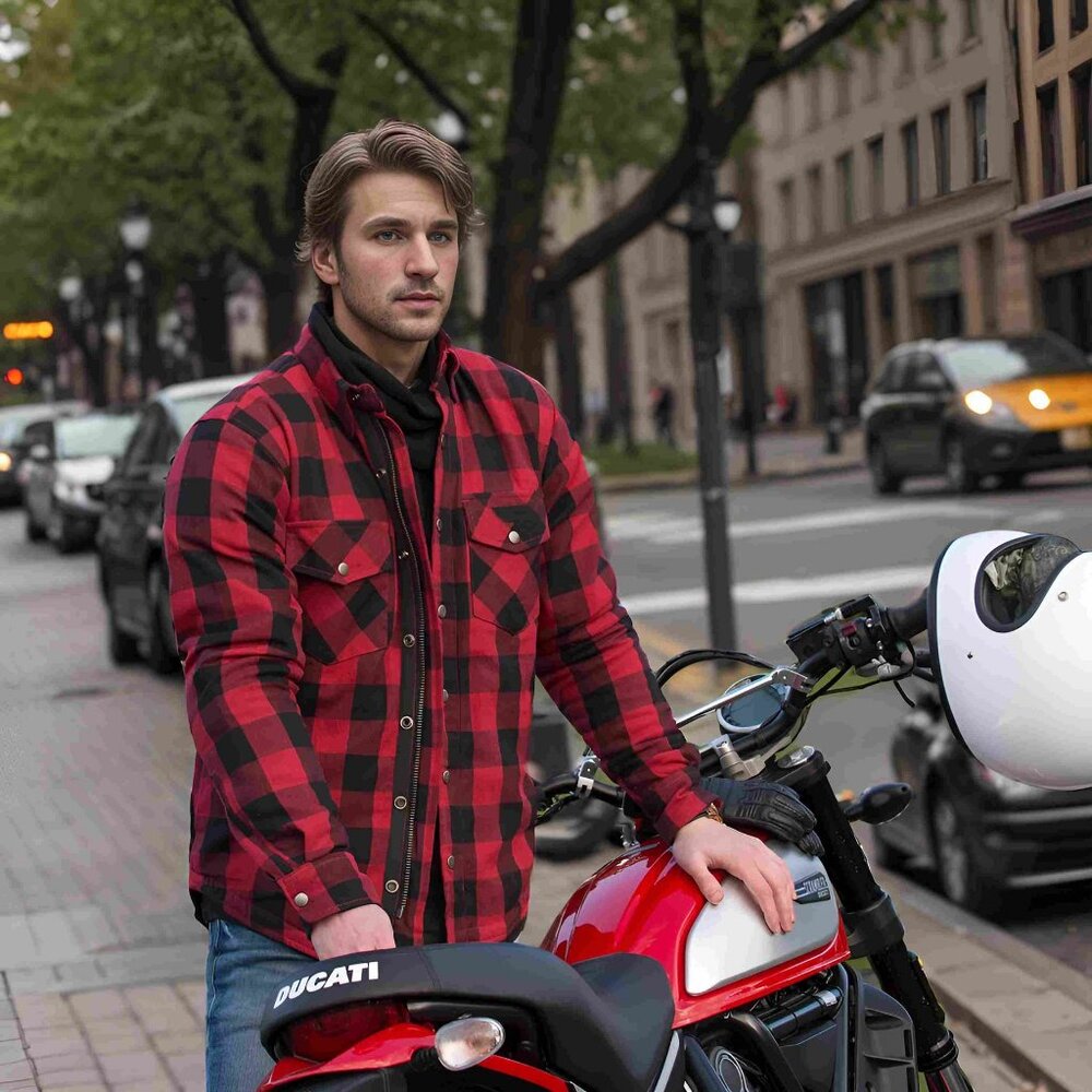RIDERACT® Mens motorcycle Flannel Shirt  Red and Black Motorbike Shirt